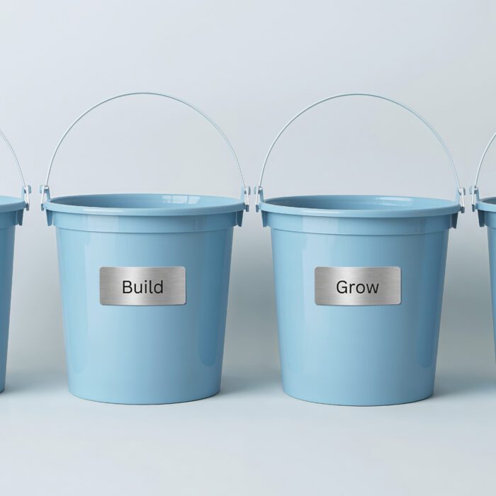 Four light blue buckets with metal labels: "Catch Up," "Build," "Grow," and "Enjoy." The setup conveys a structured, motivational theme.