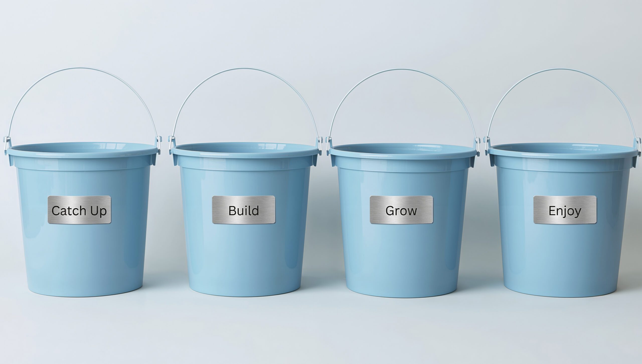 Four light blue buckets with metal labels: "Catch Up," "Build," "Grow," and "Enjoy." The setup conveys a structured, motivational theme.